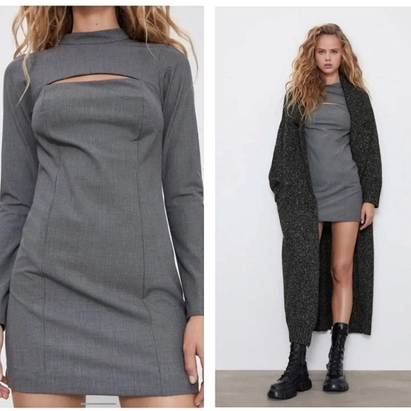 Zara Dresses & Skirts - Zara gray front chest cut out Houndstooth sheath mini dress long sleeves size S